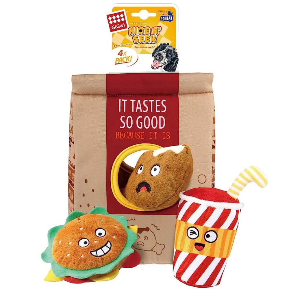 GiGwi Hide N' Seek Interactive Plush Fast Food Bag Dog Toy - Exciting  4-in-1 Playtime Adventure