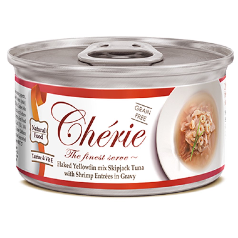 Cherie Flaked Yellowfin Mix Skipjack Tuna With Shrimp Entrées In Gravy Canned Cat Food 80g