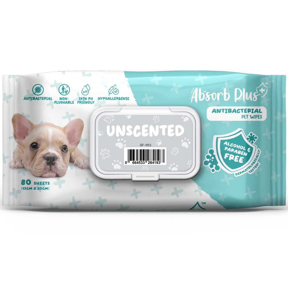 4 FOR $15: Absorb Plus Antibacterial Unscented Pet Wipes 80ct