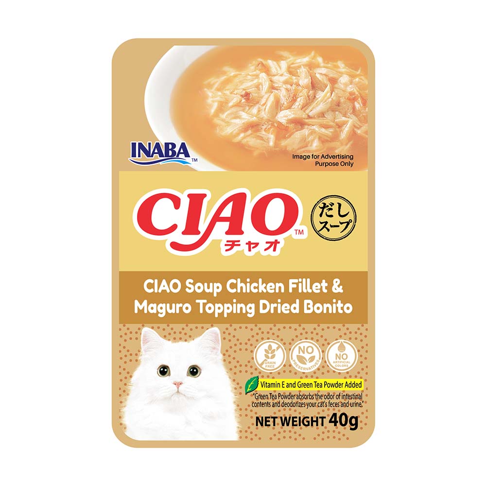 10% OFF: Ciao Clear Soup Chicken Fillet, Tuna Maguro & Bonito Pouch Cat Food 40g x 16