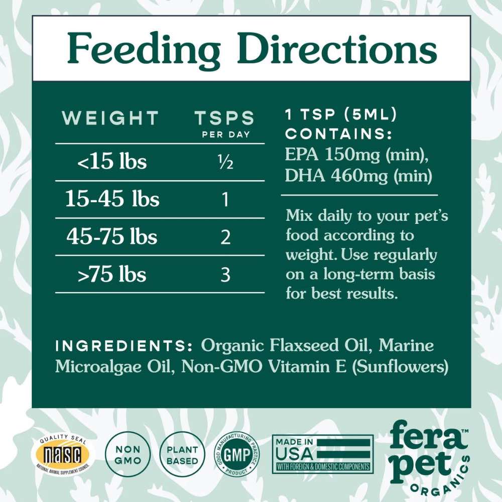 Fera Pets Plant-Based Omega 3s Algae + Flaxseed Oil Supplement For Cats & Dogs 8oz