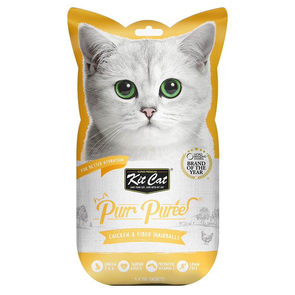 4 FOR $14 : Kit Cat Purr Puree Chicken & Fiber (Hairball) Cat Treats 60g