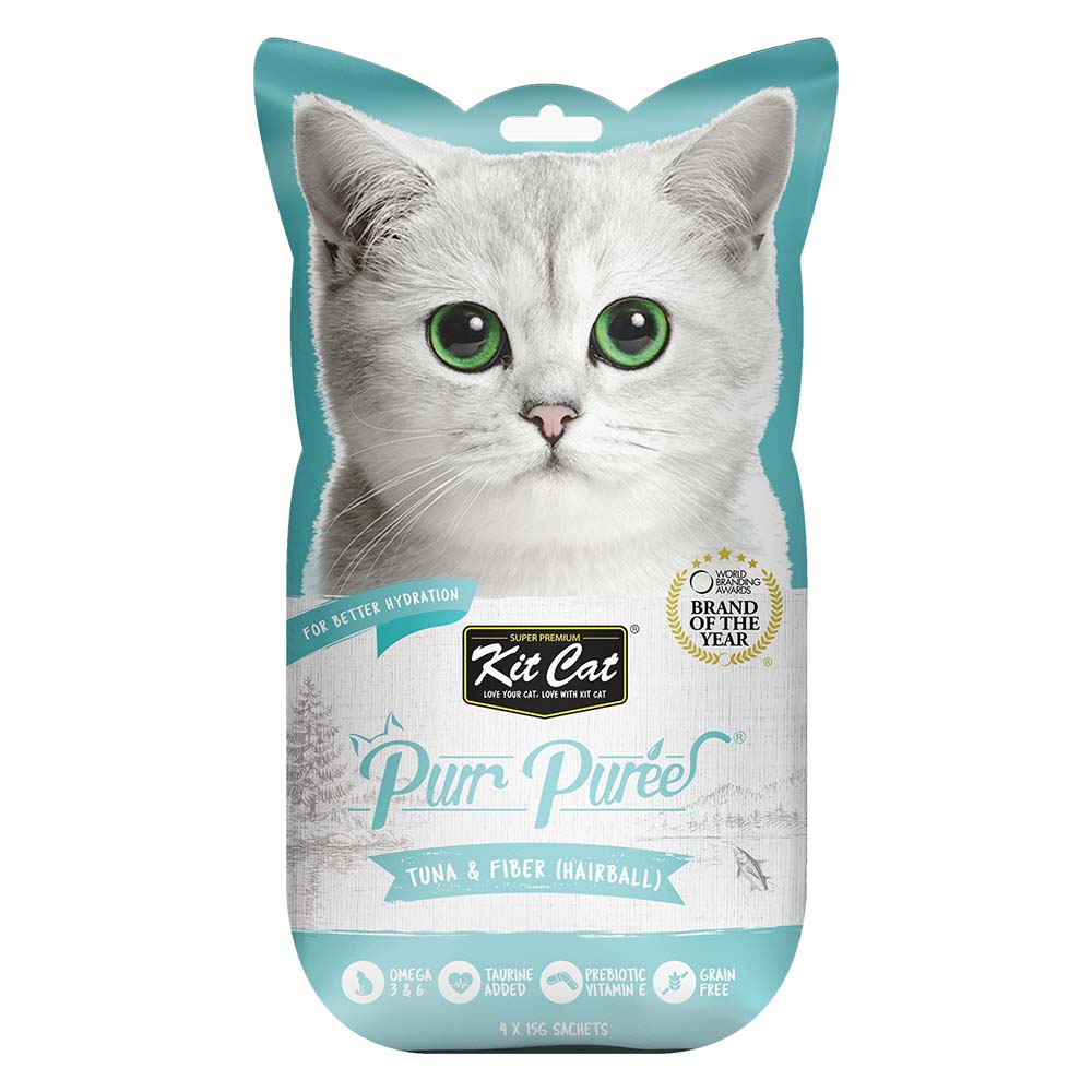 4 FOR $13.80: Kit Cat Purr Puree Tuna & Fiber (Hairball) Cat Treats 60g