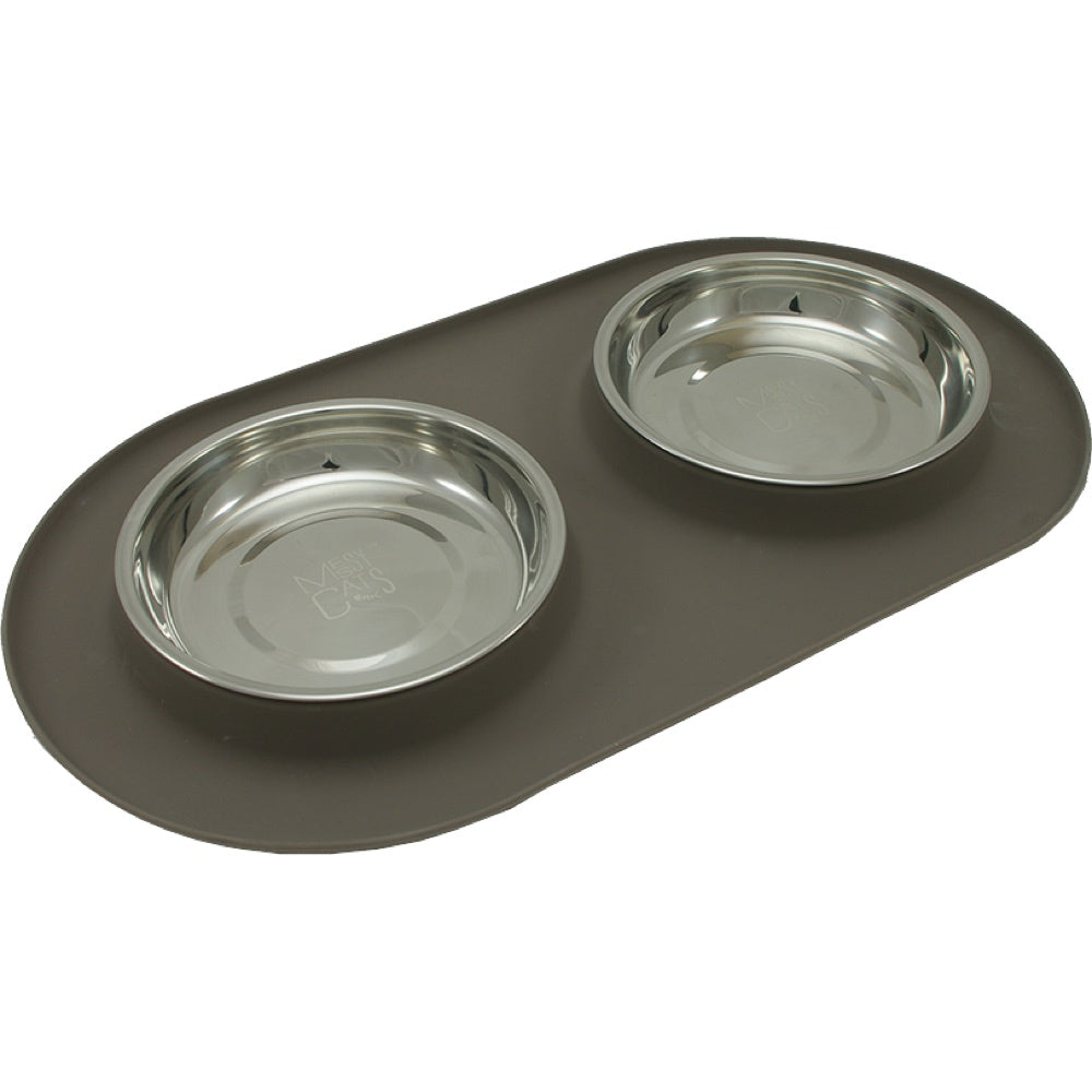 Messy Cats Double Silicone Feeder With Stainless Steel Cat Bowls (Grey)