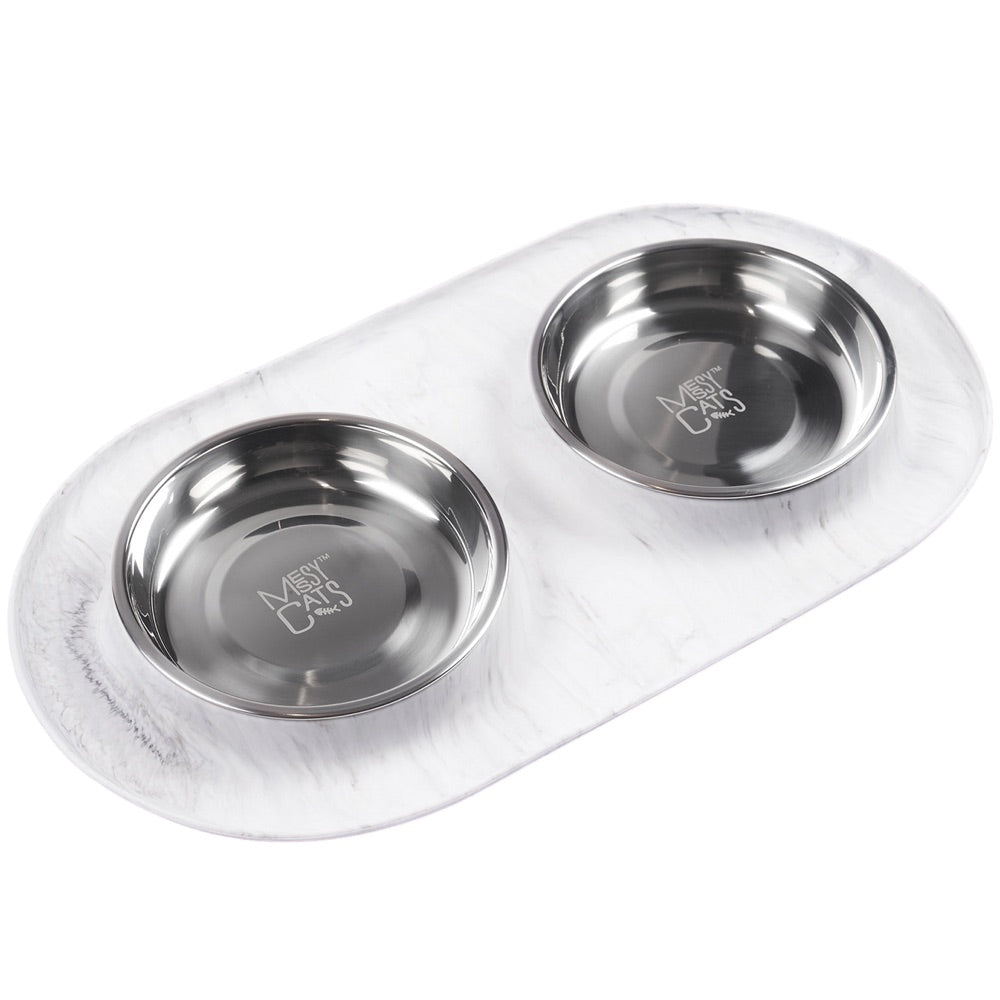 Messy Cats Double Silicone Feeder With Stainless Steel Cat Bowls (Marble)