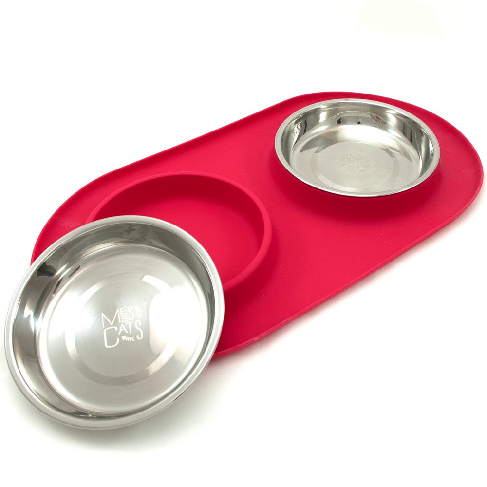 Messy Cats Double Silicone Feeder With Stainless Steel Cat Bowls (Watermelon)