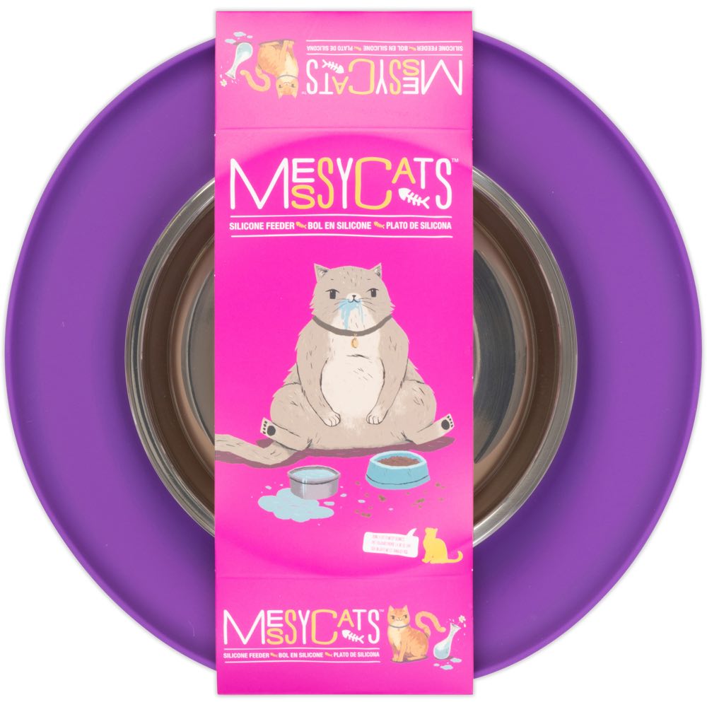 Messy Cats Single Silicone Feeder With Stainless Steel Cat Bowl (Purple)