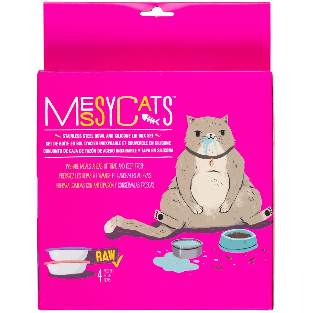 Messy Cats Stainless Steel Saucer Shaped Cat Bowls & Silicone Airtight Cat Bowl Lids Set 2pc