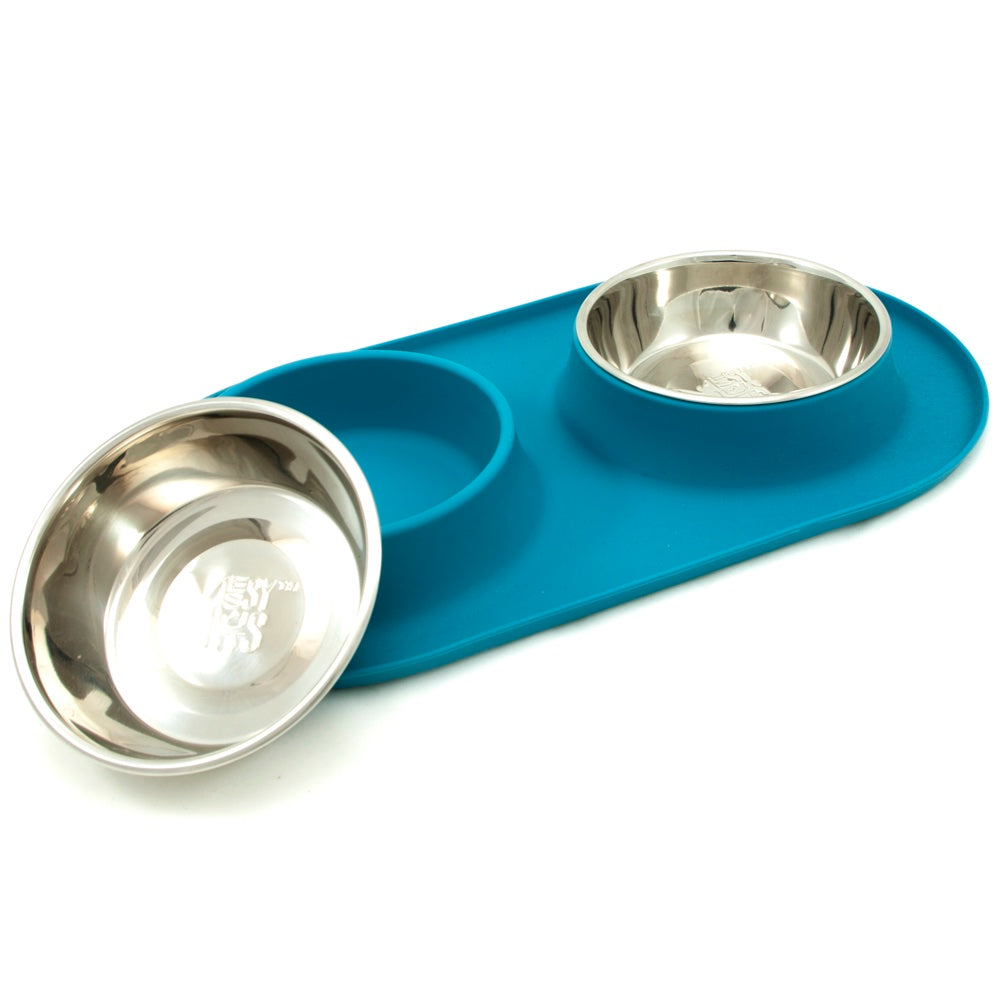 Messy Mutts Double Silicone Feeder With Stainless Steel Dog Bowls (Blue)