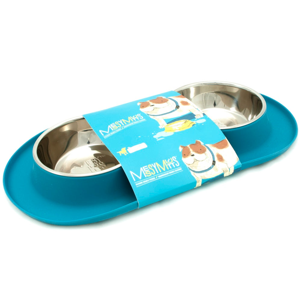 Messy Mutts Double Silicone Feeder With Stainless Steel Dog Bowls (Blue)