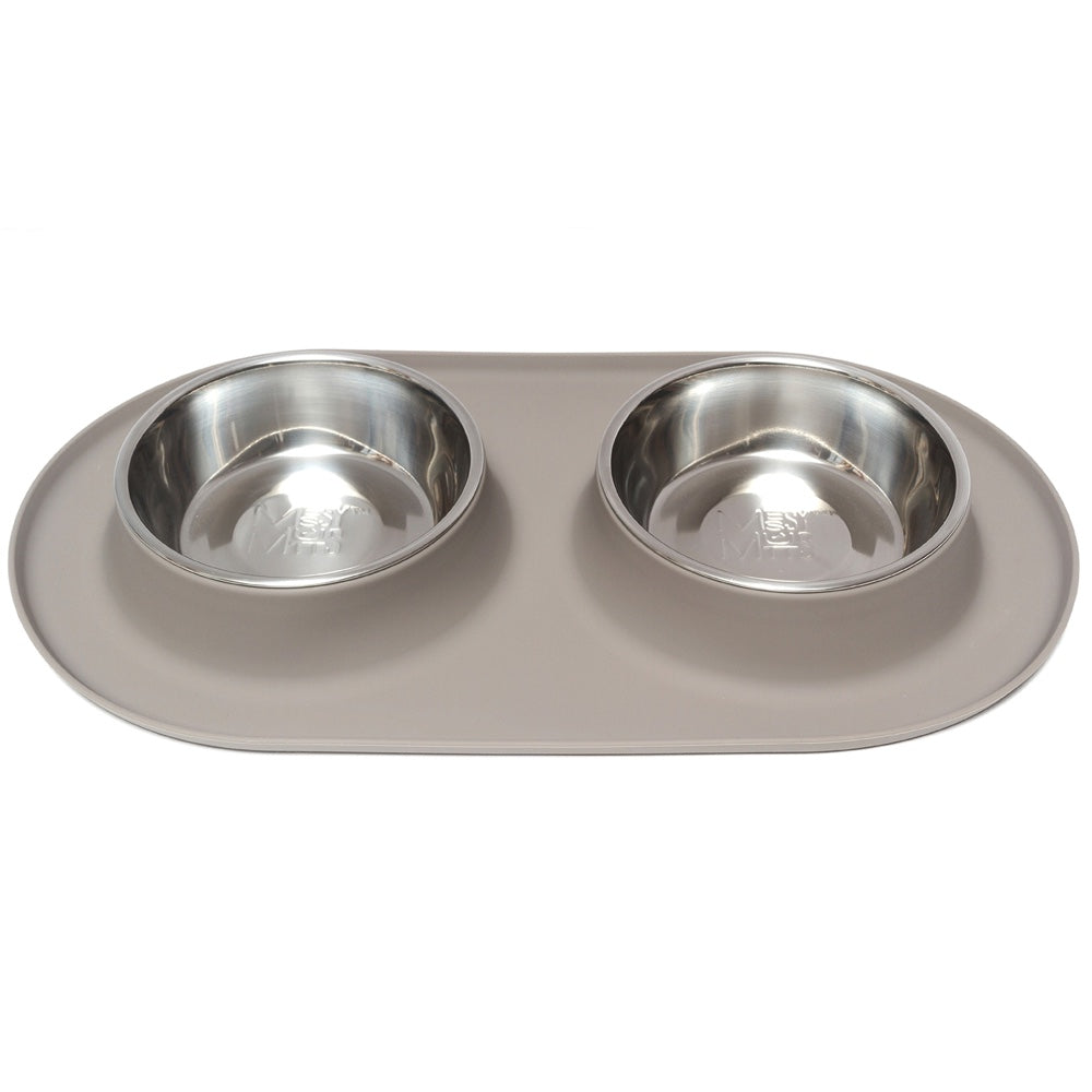 Messy Mutts Double Silicone Feeder With Stainless Steel Dog Bowls (Grey)