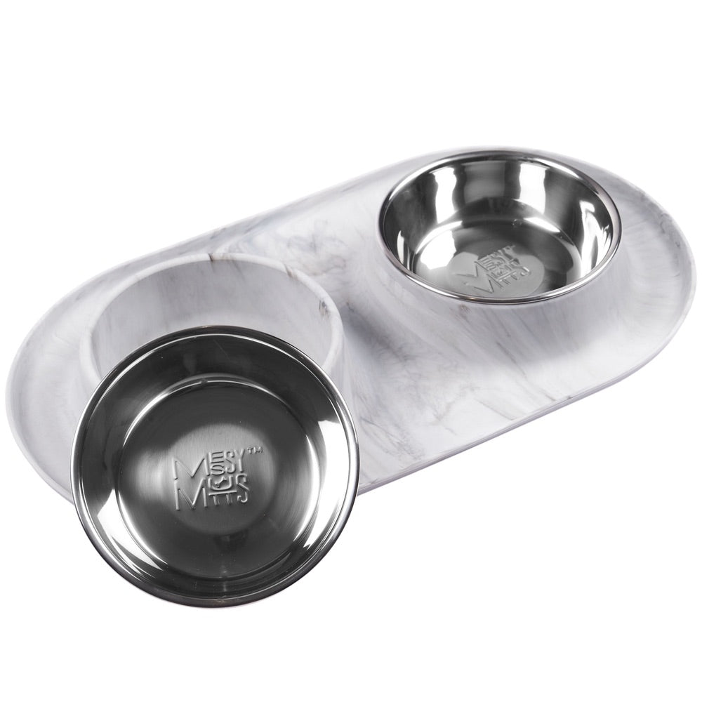 Messy Mutts Double Silicone Feeder With Stainless Steel Dog Bowls (Marble)