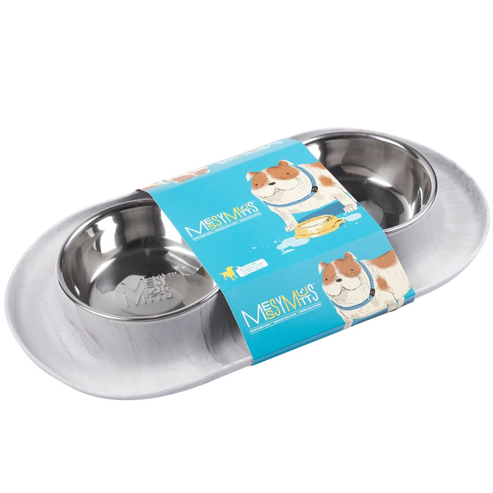 Messy Mutts Double Silicone Feeder With Stainless Steel Dog Bowls (Marble)