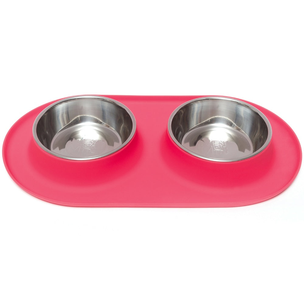 Messy Mutts Double Silicone Feeder With Stainless Steel Dog Bowls (Watermelon)