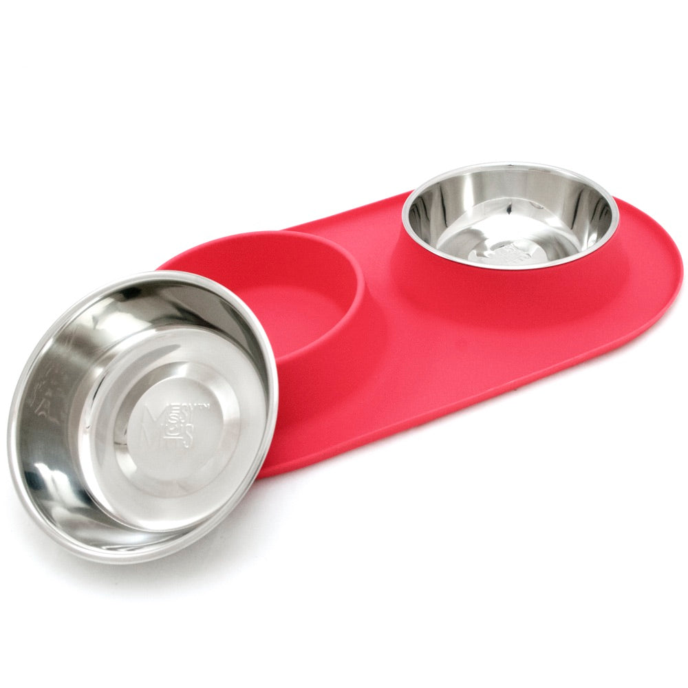 Messy Mutts Double Silicone Feeder With Stainless Steel Dog Bowls (Watermelon)