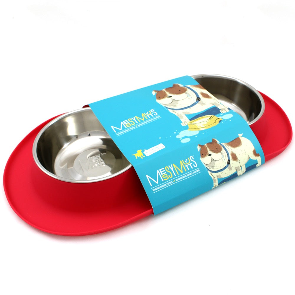 Messy Mutts Double Silicone Feeder With Stainless Steel Dog Bowls (Watermelon)