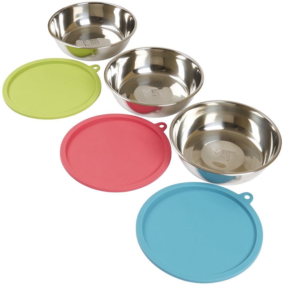 Messy Mutts Stainless Steel Dog Bowls & Silicone Airtight Dog Bowl Lids Set 3pc