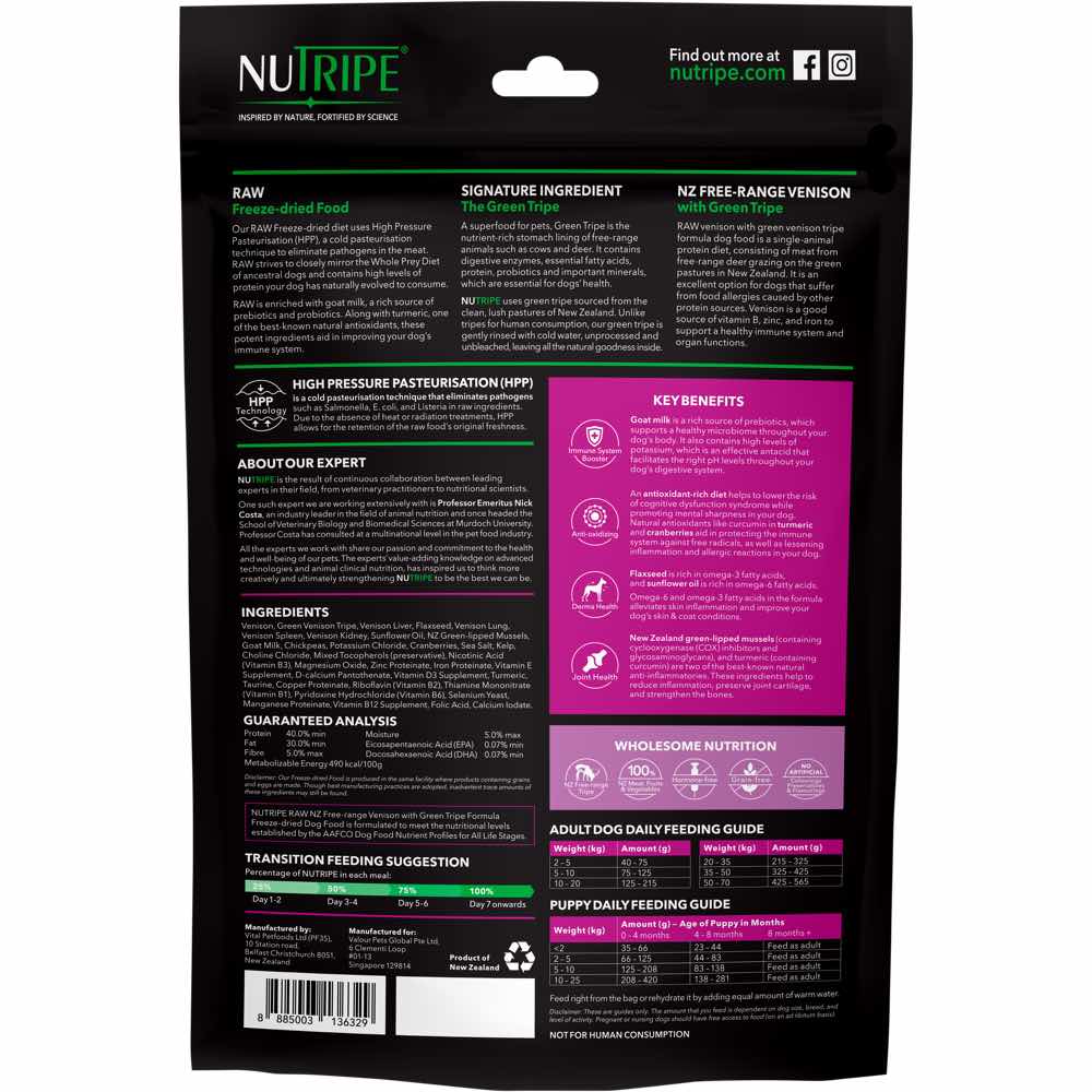 '63% OFF (Exp 27Apr25)': Nutripe Raw NZ Free-Range Venison With Green Tripe Grain-Free Freeze-Dried Dog Food 400g