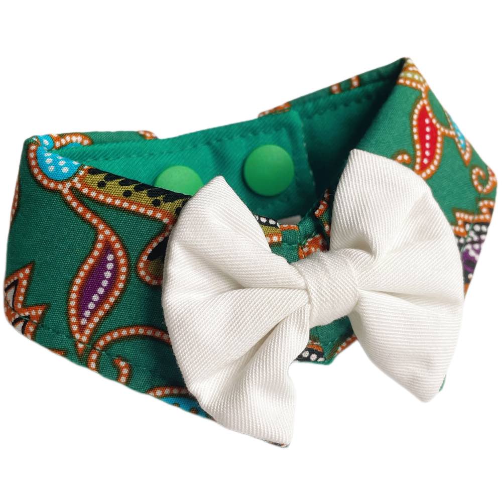 RuffCo Handcrafted Bowtie Button Collar For Cats & Dogs (Green Batik)