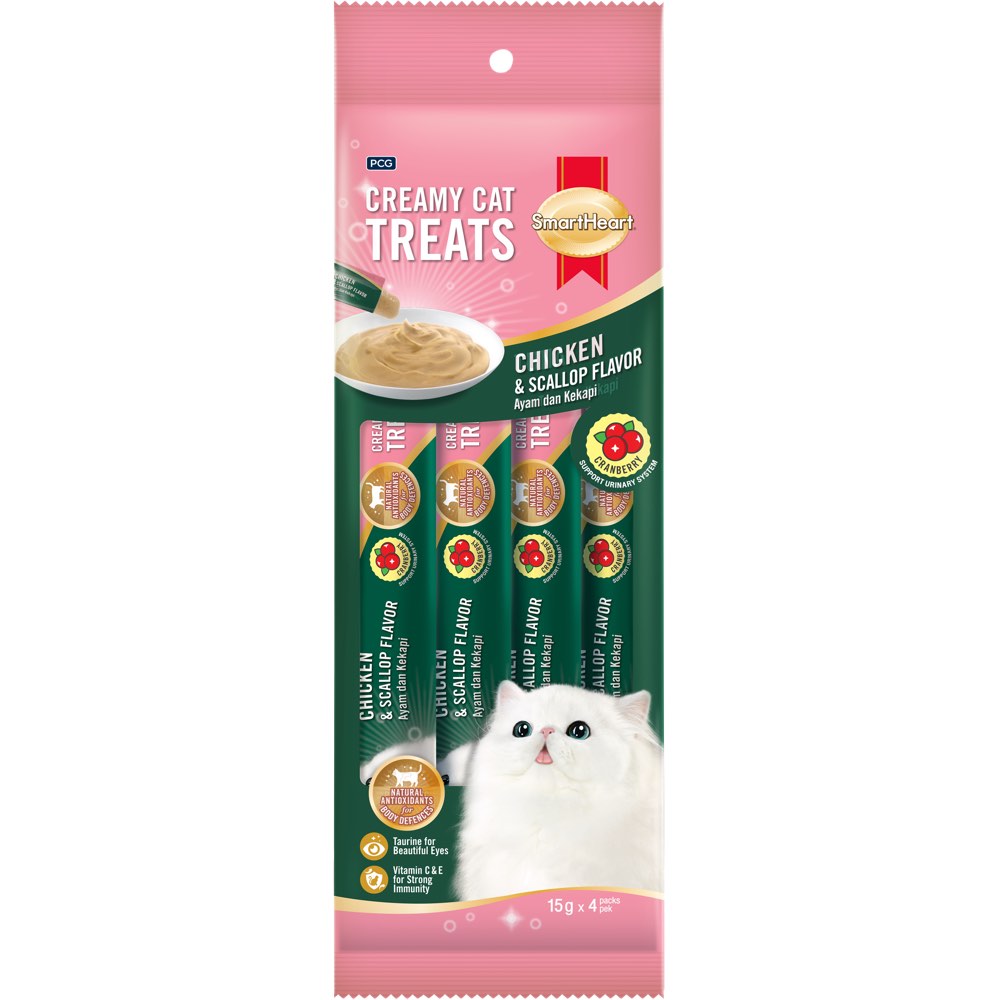 3 FOR $12: Smartheart Cranberry Chicken & Scallop Creamy Cat Treats 15gx4