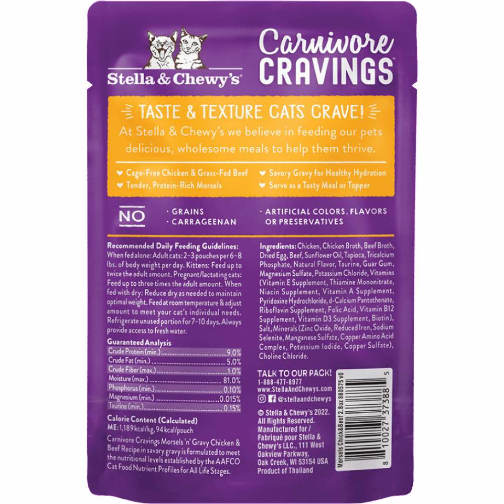 4 FOR $13.60 (Exp 19Jan25): Stella & Chewy's Carnivore Cravings Morsels 'N' Gravy Chicken & Beef Grain-Free Pouch Cat Food 2.8oz