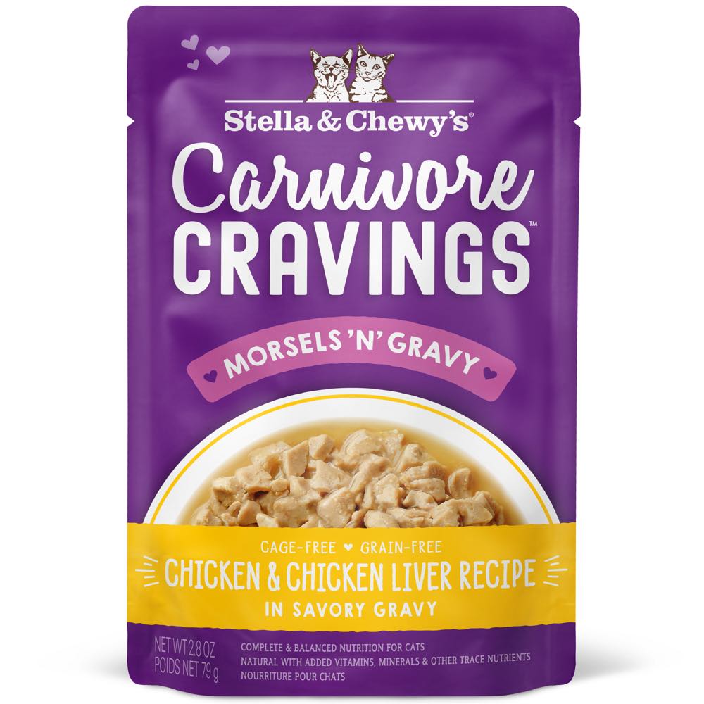 4 FOR $13.60: Stella & Chewy's Carnivore Cravings Morsels 'N' Gravy Chicken & Chicken Liver Grain-Free Pouch Cat Food 2.8oz