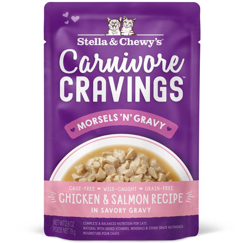 4 FOR $12.80 (Exp 20Jan25): Stella & Chewy's Carnivore Cravings Morsels 'N' Gravy Chicken & Salmon Grain-Free Pouch Cat Food 2.8oz