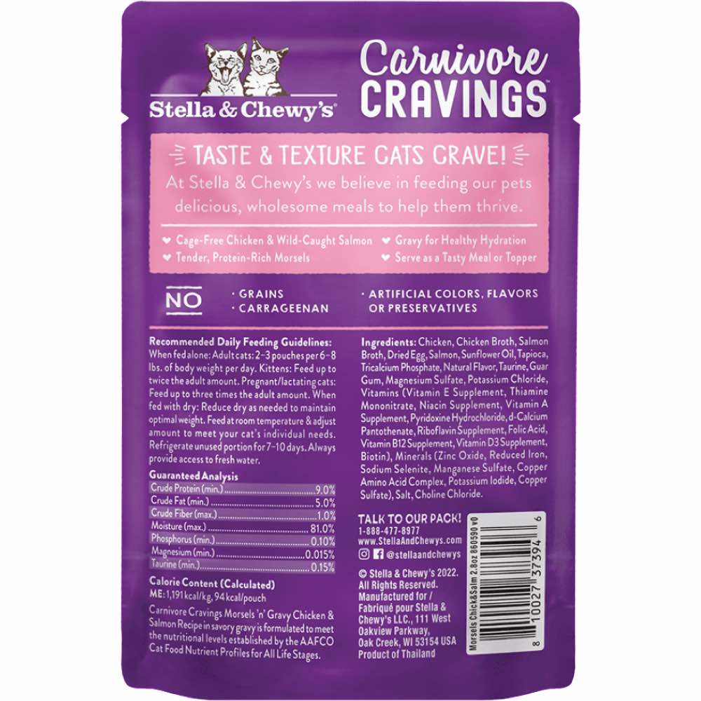 4 FOR $12.80 (Exp 20Jan25): Stella & Chewy's Carnivore Cravings Morsels 'N' Gravy Chicken & Salmon Grain-Free Pouch Cat Food 2.8oz