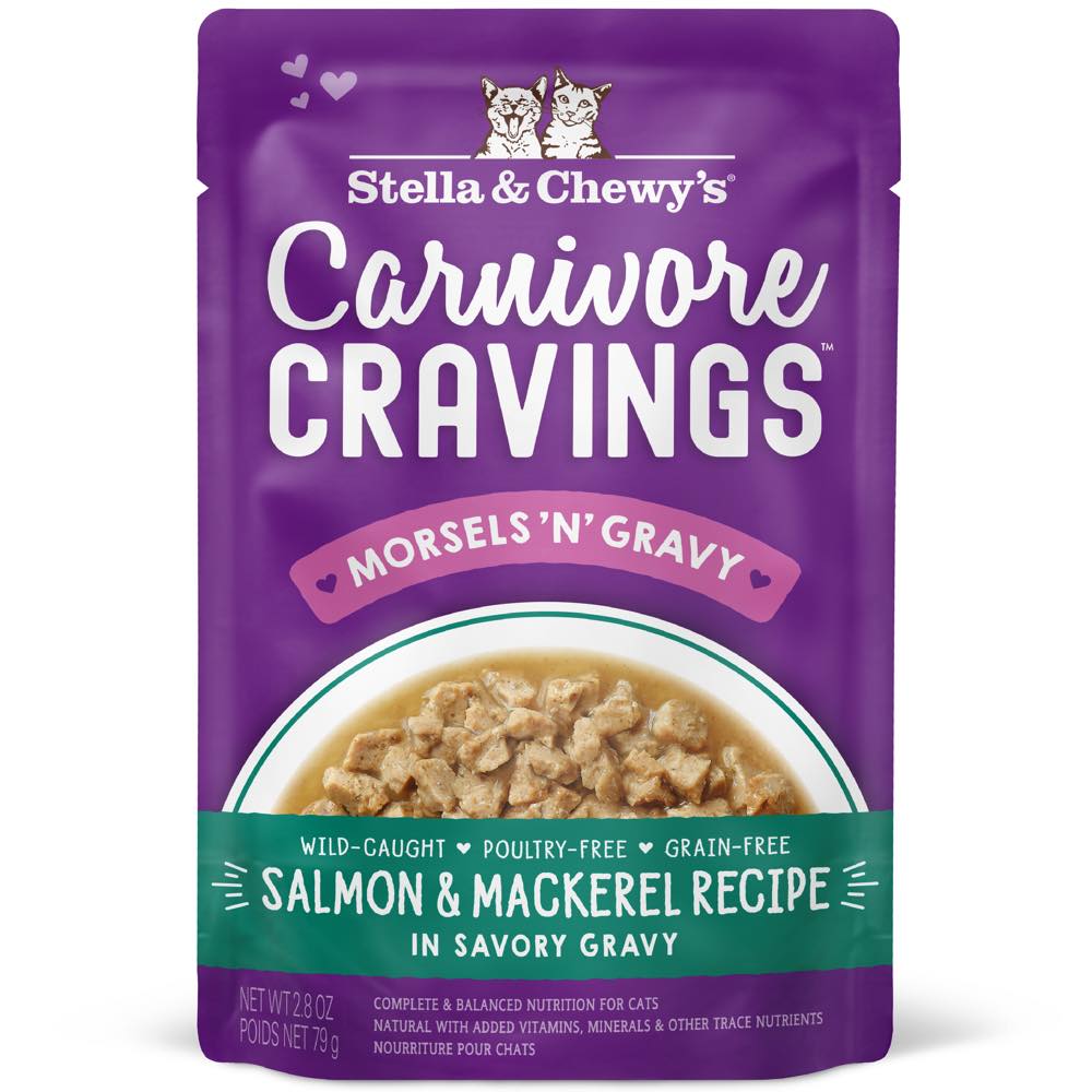 4 FOR $13 (Exp 13Jan25): Stella & Chewy's Carnivore Cravings Morsels 'N' Gravy Salmon & Mackerel Grain-Free Pouch Cat Food 2.8oz