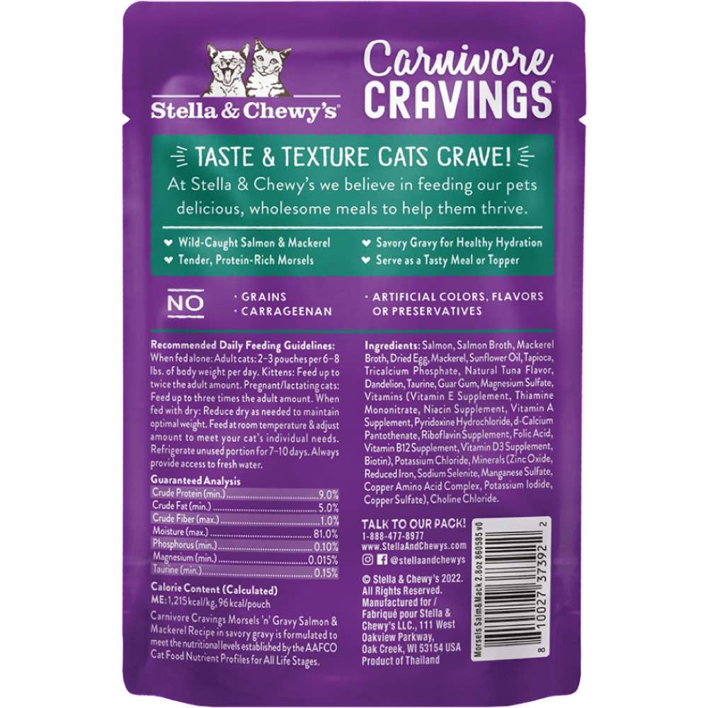 4 FOR $13 (Exp 13Jan25): Stella & Chewy's Carnivore Cravings Morsels 'N' Gravy Salmon & Mackerel Grain-Free Pouch Cat Food 2.8oz