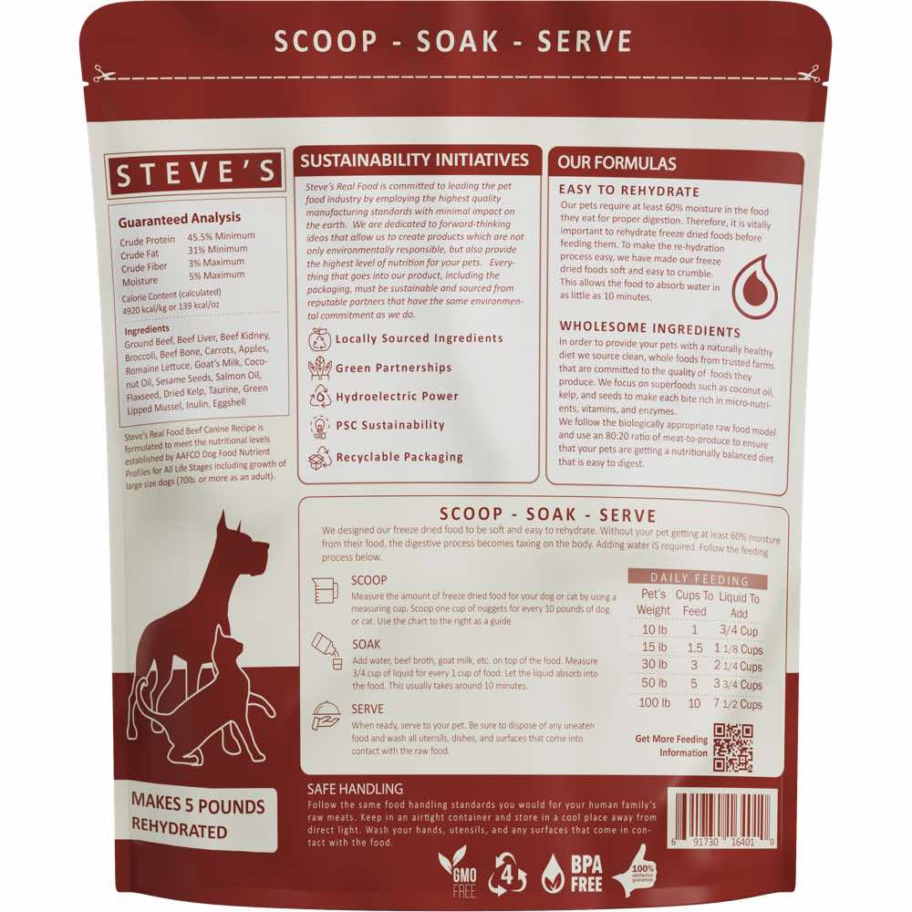 'BUNDLE DEAL+FREE WIPES': Steve's Real Food Beef Grain-Free Freeze-Dried Raw Food For Cats & Dogs 20oz