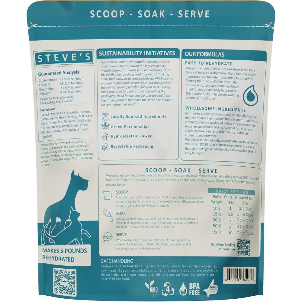 'BUNDLE DEAL+FREE WIPES': Steve's Real Food White Fish Grain-Free Freeze-Dried Raw Food For Cats & Dogs 20oz