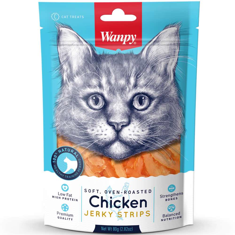 3 FOR $9.90: Wanpy Soft Oven-Roasted Chicken Jerky Strips Cat Treats 80g