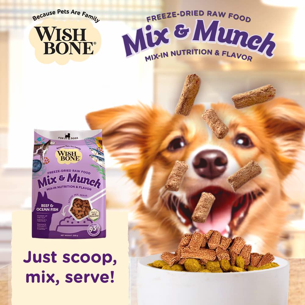 $9 OFF (Exp 18May25): Wishbone Mix & Munch Beef & Ocean Fish Grain-Free Freeze-Dried Raw Food Dog Food Topper 350g