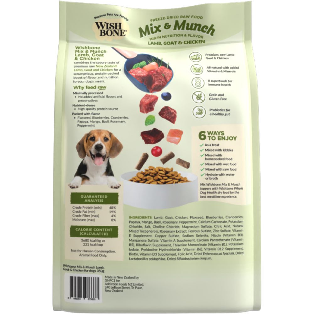 $9 OFF (Exp 30May25): Wishbone Mix & Munch Lamb, Goat & Chicken Grain-Free Freeze-Dried Raw Food Dog Food Topper 350g