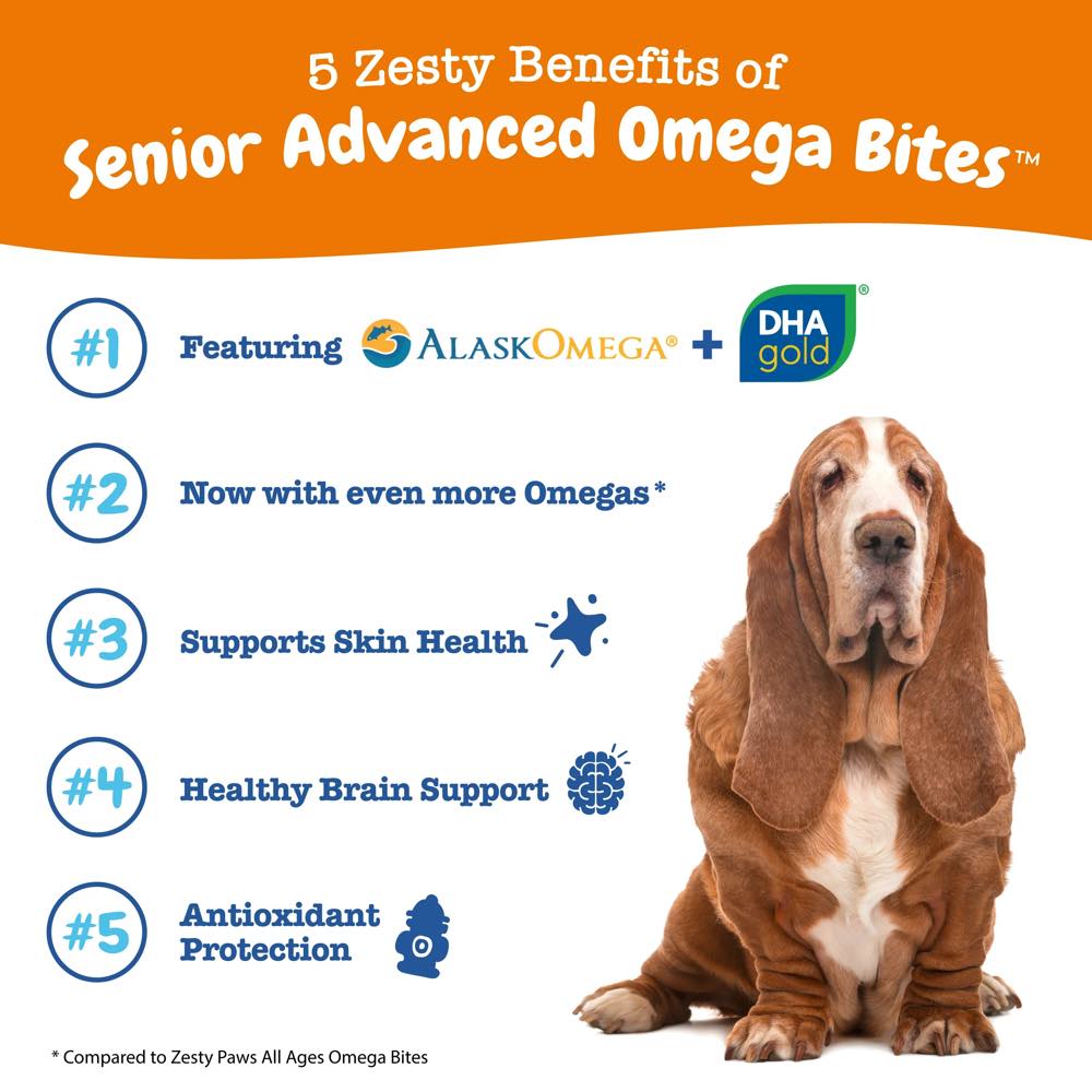 10% OFF: Zesty Paws Senior Advanced Omega Bites Chicken Flavor Dog Supplement Chews 90ct